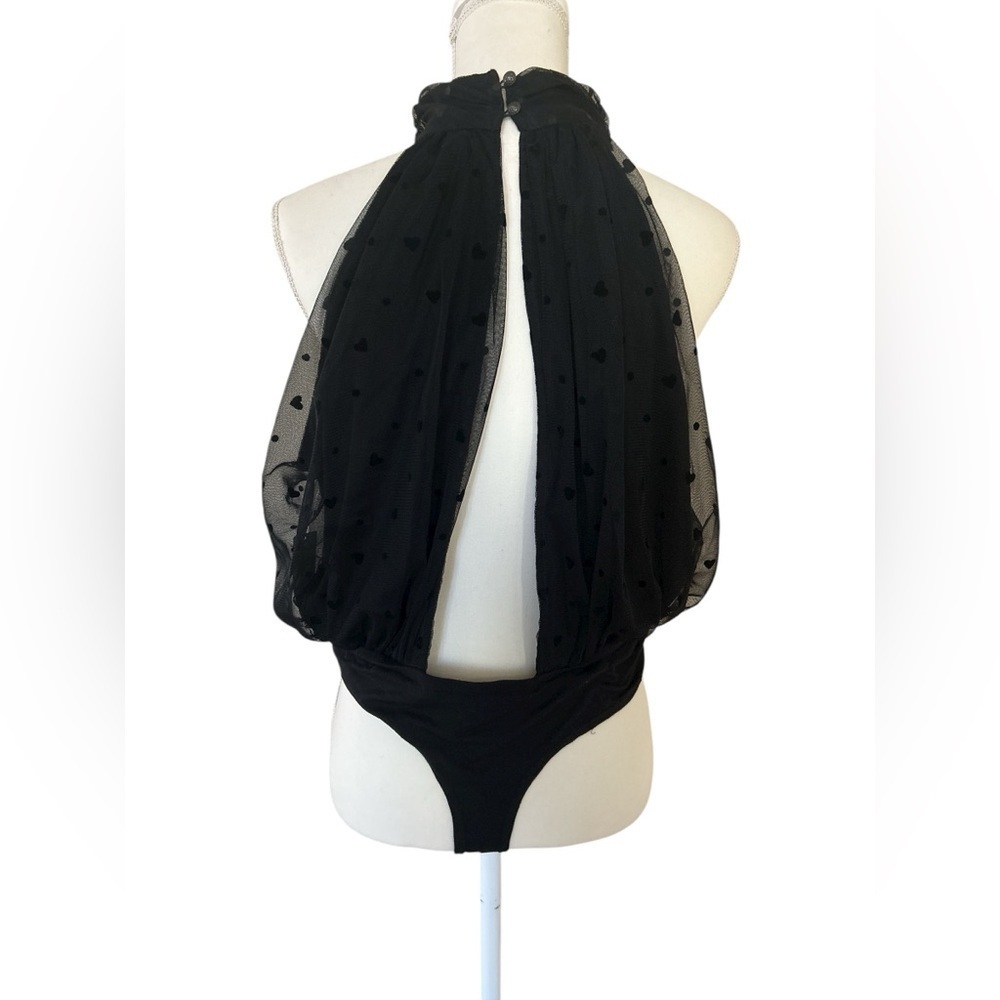 Anthropologie Black Sheer Halter Neck Bodysuit With Hearts Size LP - Picture 3 of 12